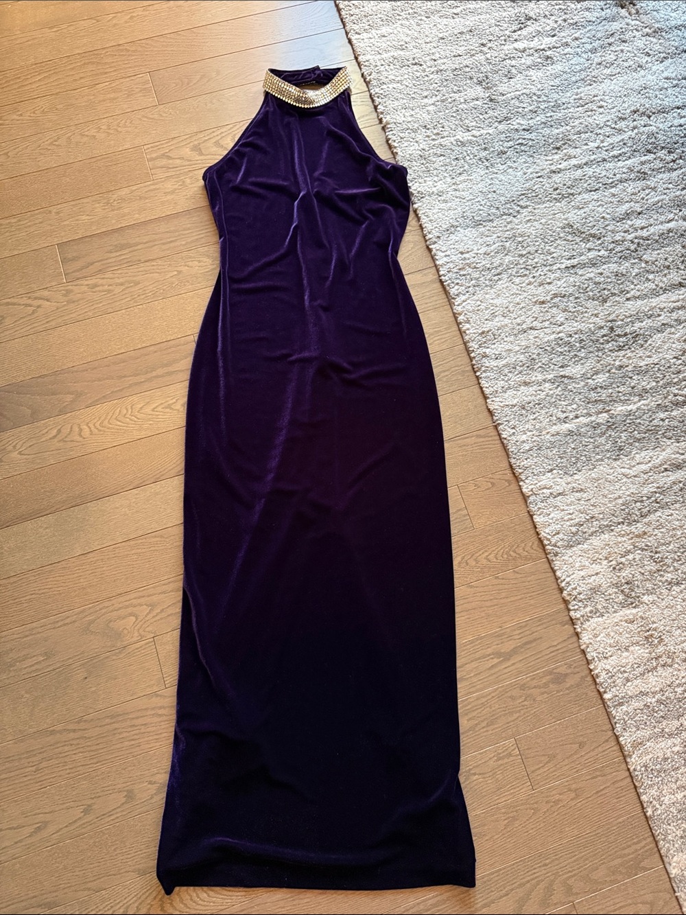 Sleeveless Velvet Maxi Dress with Embellished Neckline - Deep Purple